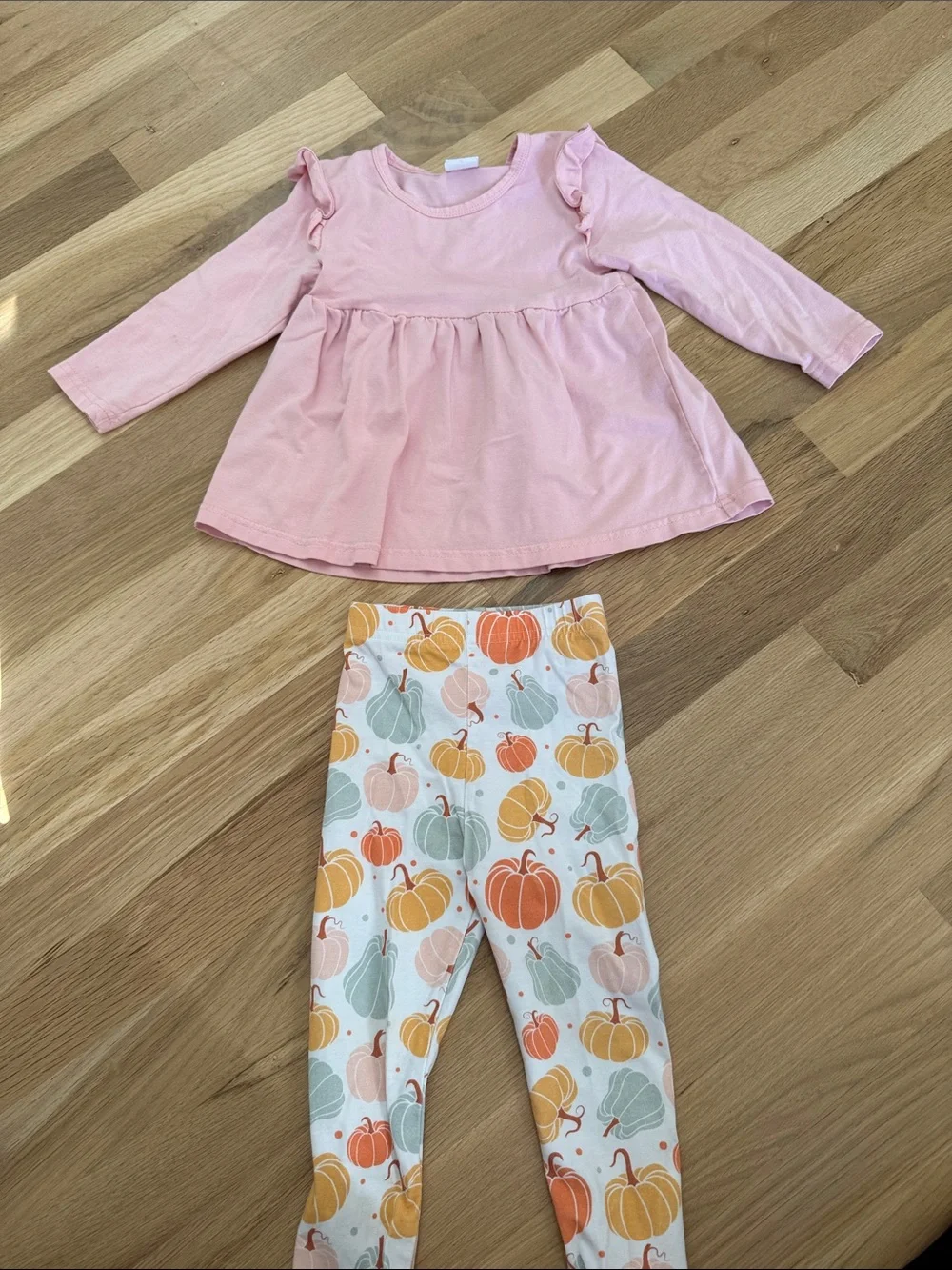 Girls Pink Ruffle Peplum Top & Pumpkin Print Leggings Set